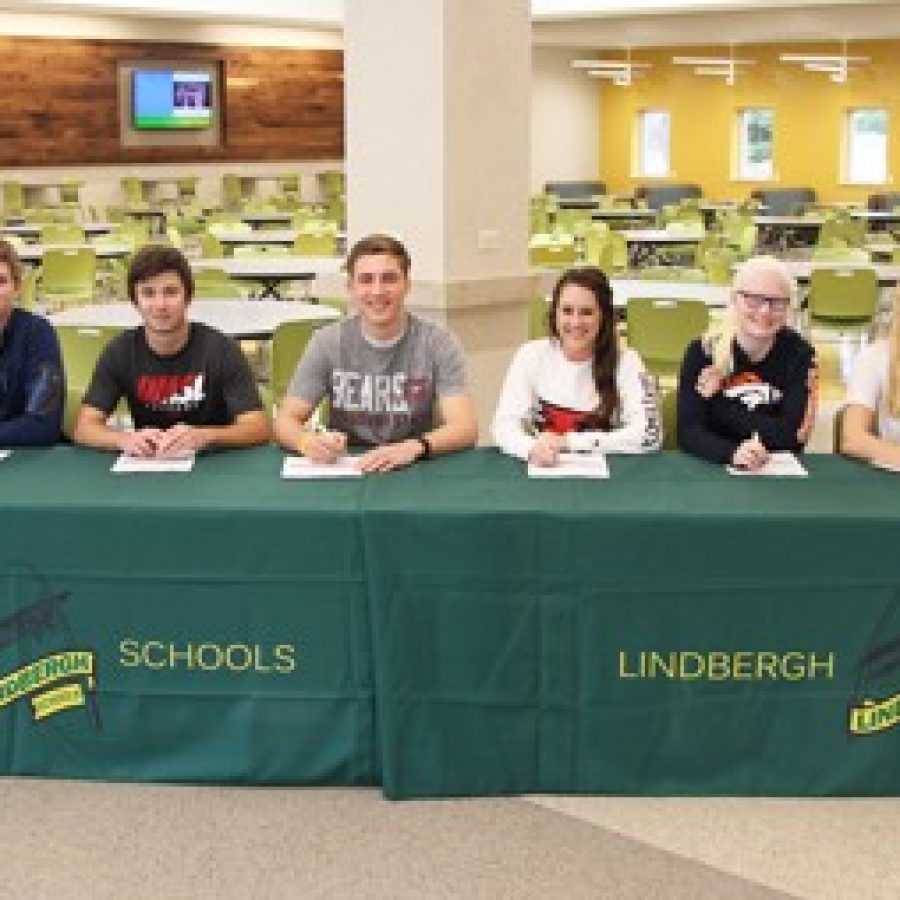 Lindbergh High School athletes headed to college play, from left, are: Caleb Newberry and Sam Stephens, baseball; Chris Ferris, golf; Michael Creek, soccer; Brooke Rheinecker, softball; Colleen Young, swimming; and Brooke Harmon and Rachel Summers, volleyball.