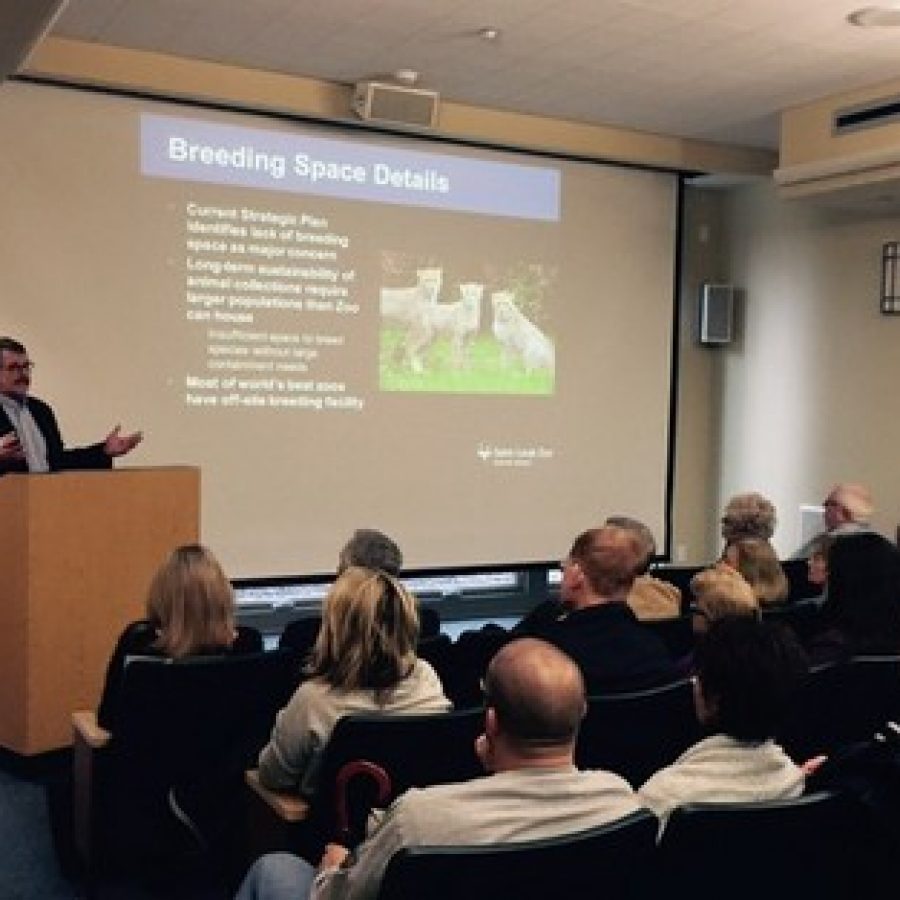 St. Louis Zoo Executive Director Jeffrey Bonner presents the zoos proposal for Grants Farm to Grantwood Village residents in January. Photo by Gloria Lloyd.
 