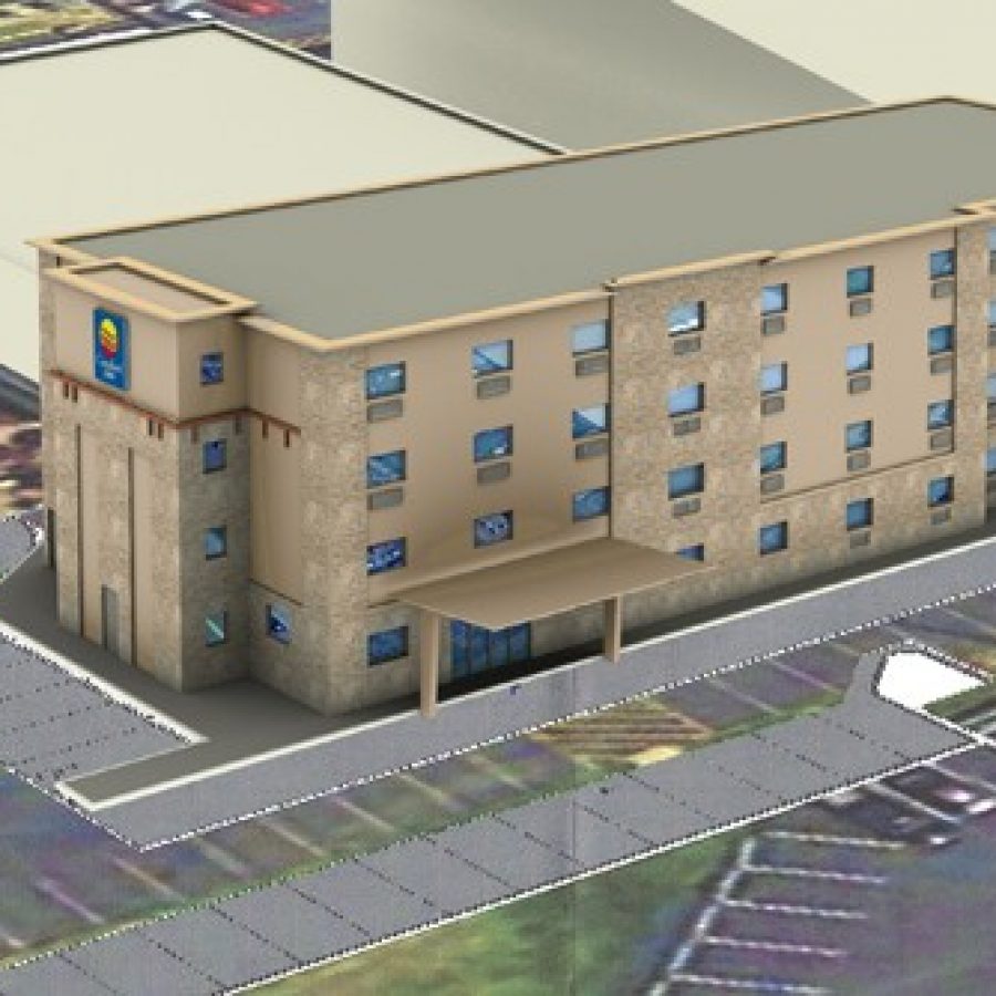 Above, a rendering of a proposed four-story Comfort Inn at the site of the current Days Inn in Sunset Hills presented to the city by Days Inn owner HR Sheevam.