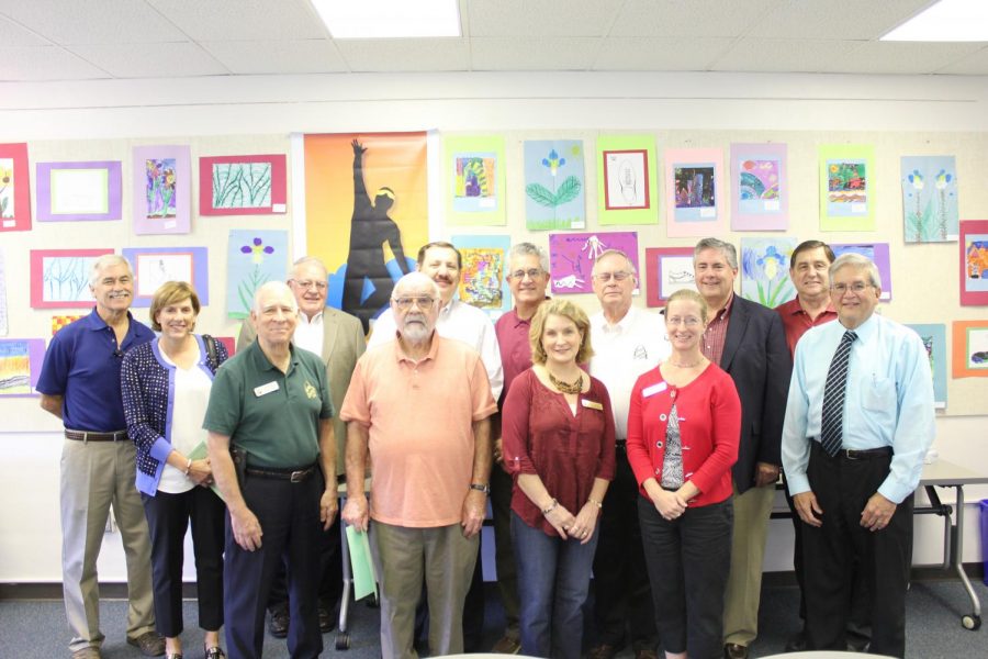 Several former Lindbergh Schools Board of Education members conversed with current board members and district administrators at a luncheon on Oct. 8. Attendees included (back row, left to right) Donovan Larson, Janine Fabick, Phil Carlock, Mark Rudoff, Ken Fey, Dr. Vic Lenz, Barry Cooper, Larry McIntosh, Frank Gregory, (front row, left to right) Vice President Don Bee, William Held, Director Kate Holloway, and Secretary Karen Schuster.