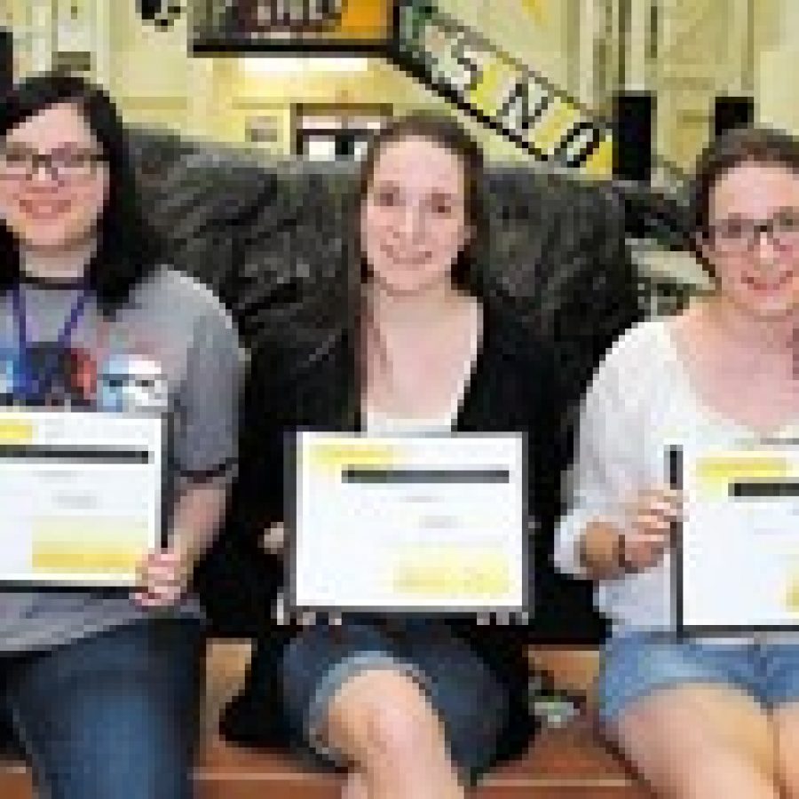 Oakville High School students, from left, Madeline Goser, Emma Sona and Ellie Sona, have been named National Merit Scholarship Corp. semifinalists. 