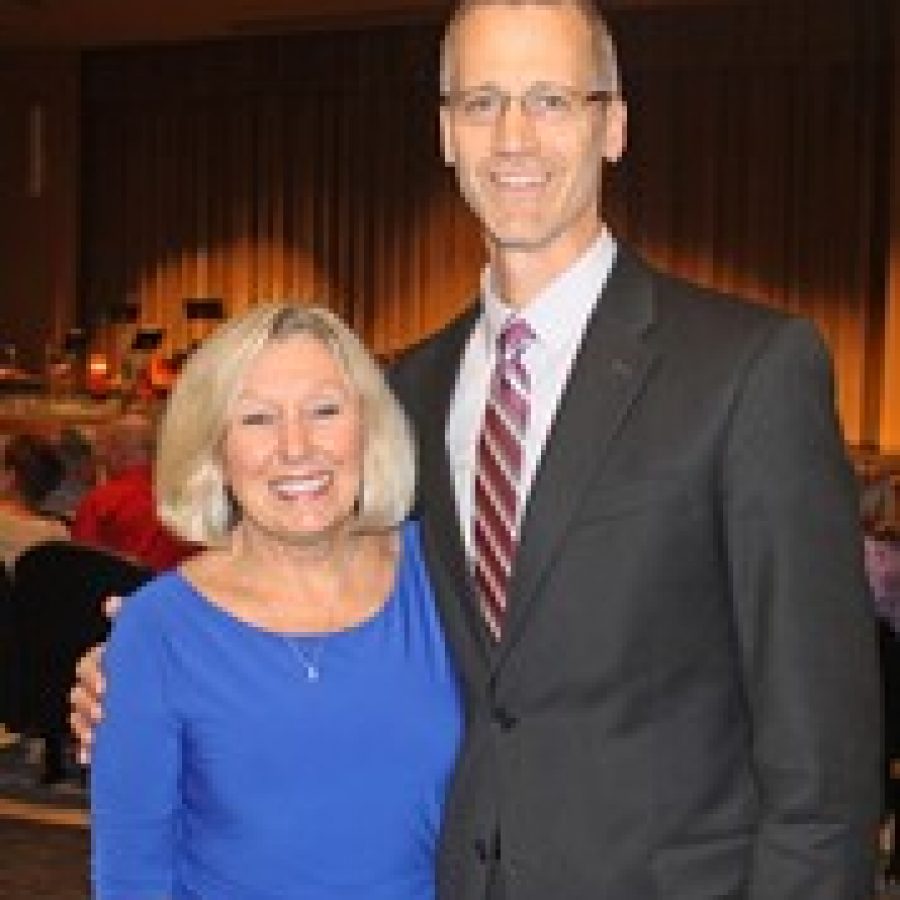 Jan Gerfen, daughter of the auditorium namesake, William Nottelmann, is shown with Mehlville Superintendent Eric Knost at Wednesdays open house.
 