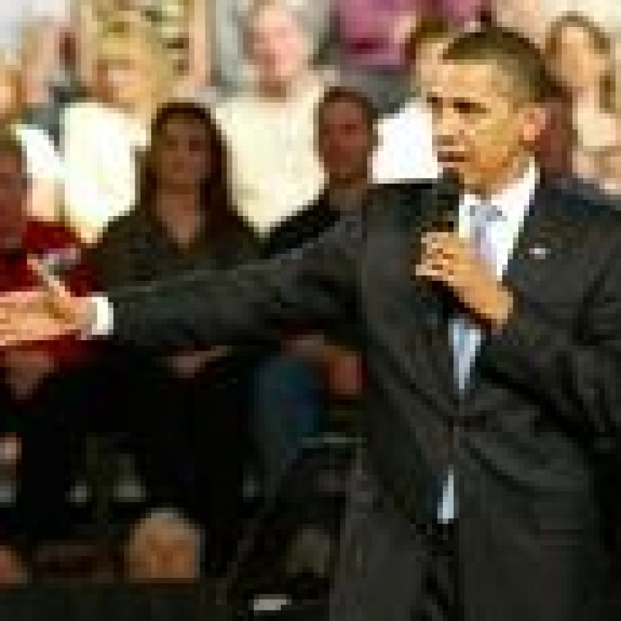 President Barack Obama discusses his first 100 days in office in a packed Fox Senior High School gym in Arnold.
 