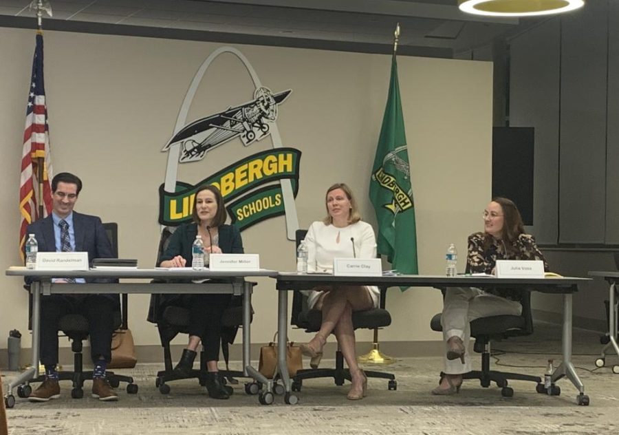 Lindbergh Board of Education candidates David Randelman, Jennifer Miller, Carrie Clay and Julia Voss at a forum March 14.