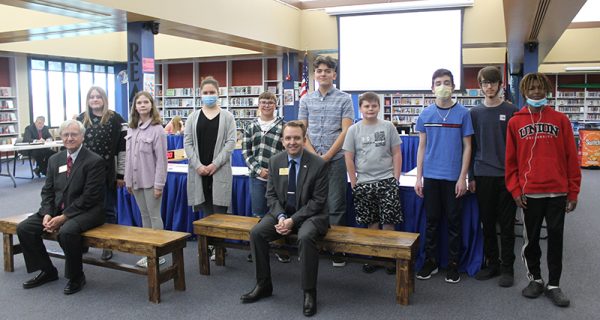 Students from Buerkle Middle Schools woodworking class built benches to present in appreciation to former school board members Larry Felton and Kevin Schartner at the directors last meeting April 14, 2022. 