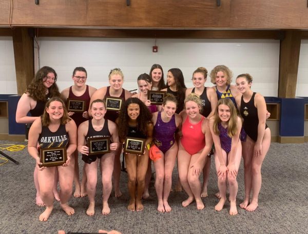The Oakville High School girls water polo team finished its second season ever with a state championship win against Marquette High School May 14.  Two Oakville players, Jenna Wolf and Lauren Manning (bottom left) were named to the all district team.