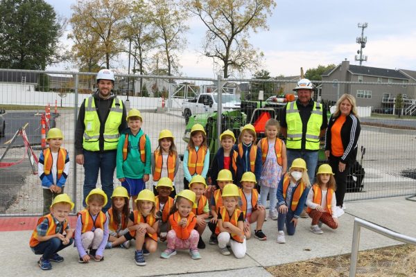 Construction workers with Castle, the company doing safety renovations to the Oakville Elementary parking lot, met with OES students to talk with them about the parking lot and other Prop S projects at the school earlier in October.
