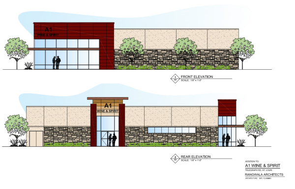 Renderings of the proposed A-1 Wine & Spirits at the intersection of Telegraph and Pottle roads.