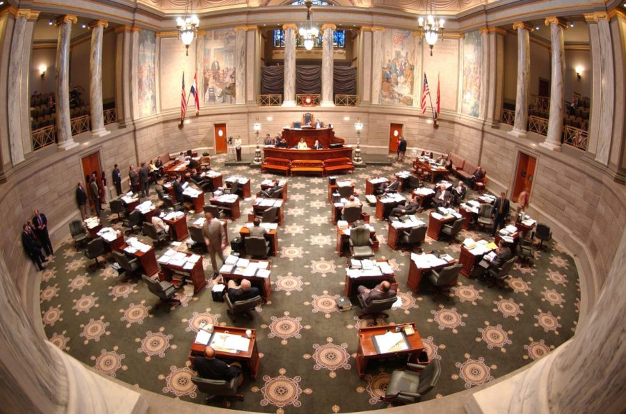 A view of the Missouri Senate chamber from the visitors gallery.
