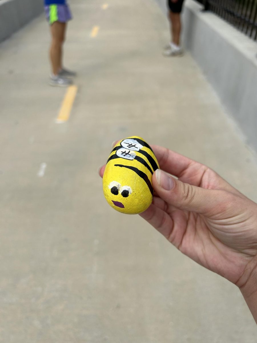 A Great Rivers Greenway Quest hand-painted bee rock. Hundreds of bee rocks are hidden along the regions greenways, in addition to 30 at the City Museum. 