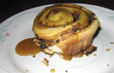 Cinnamon rolls topped generously with home made caramel sauce.