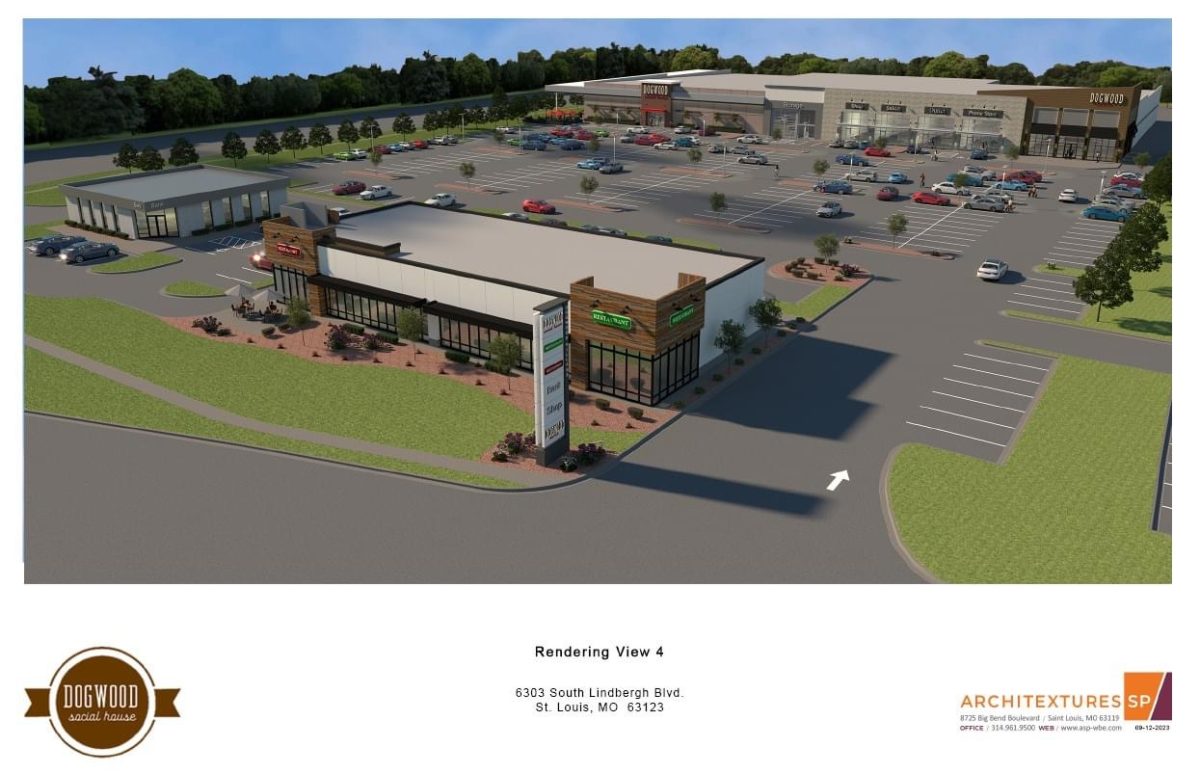 A rendering from the developer of the proposed redevelopment of the vacant Weekends Only at 6303 S. Lindbergh Blvd. The redevelopment would include a Dogwood Social House restaurant, retail space, a self-storage facility and two outs. Rendering via St. Louis County.  