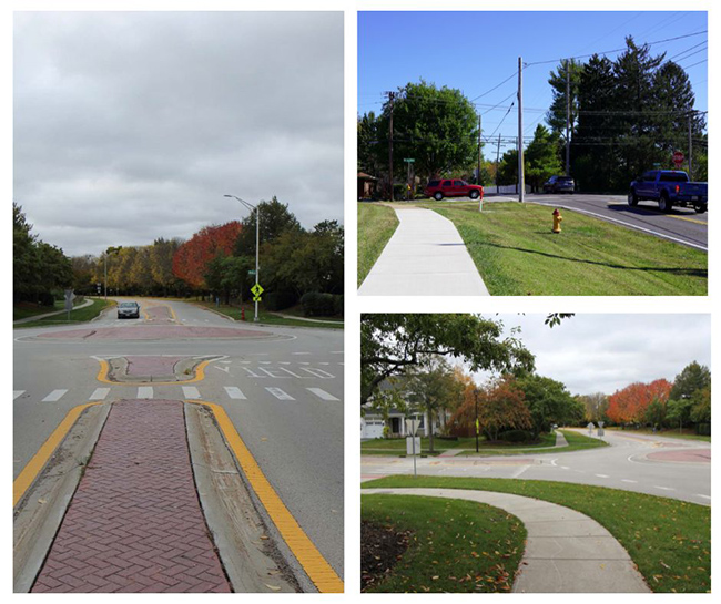 Top right: The Yaeger-Milburn intersection, and examples of the roundabout that could be installed at that intersection. Image courtesy of the St. Louis County Department of Transportation.