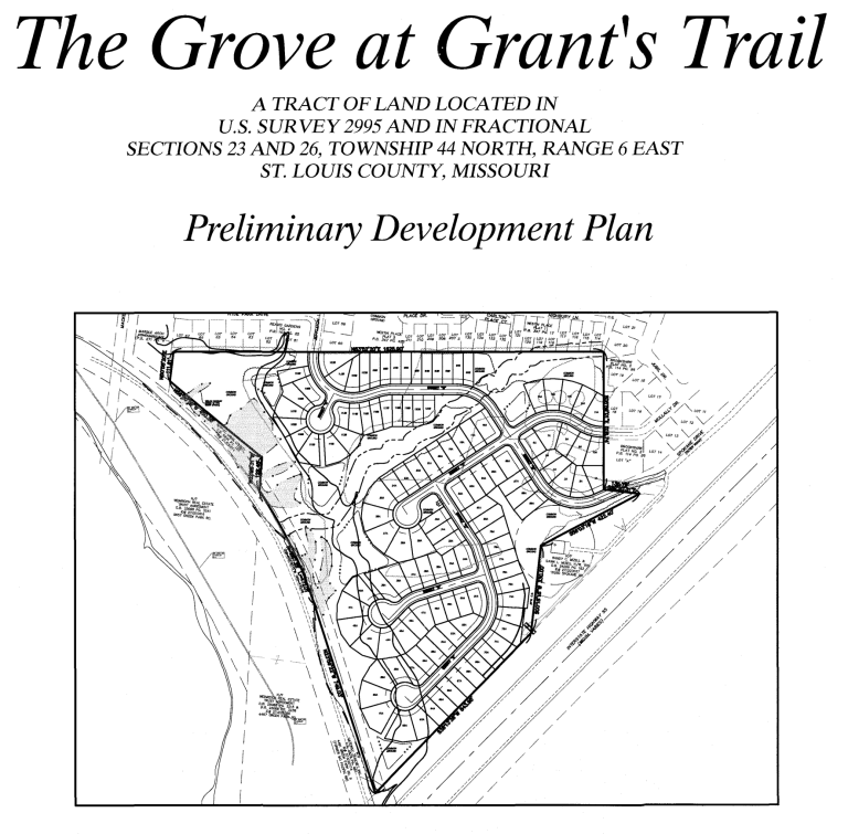 The preliminary development plan for ‘The Grove at Grant’s Trail,’ per the St. Louis County Planning Commission March 11 public hearing agenda. The subdivision features 121 single-family homes.