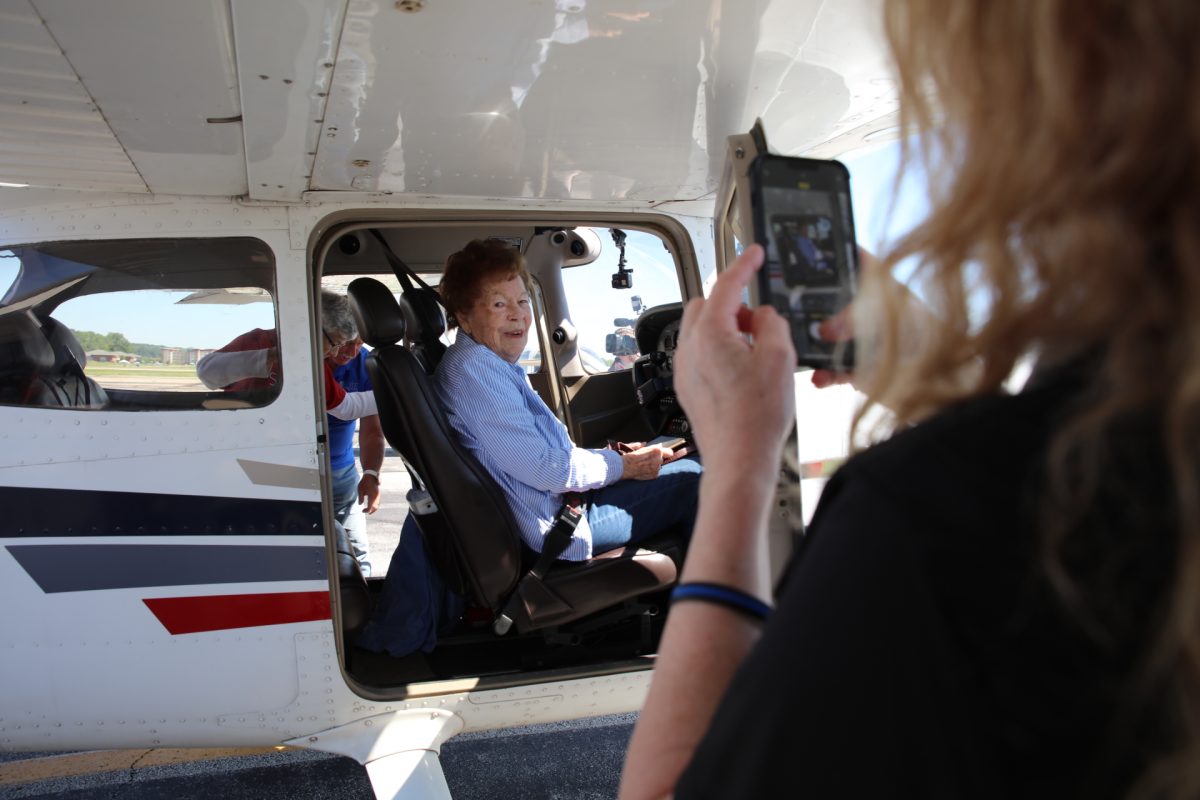 Evelyn Kidd’s daughter, Janet Singleton, records the special moments before her mother’s takeoff. Growing up, the family spent many weekends soaring through the sky as Gene Kidd, Evelyn’s late husband was a skilled pilot. “He was an aircraft mechanic in the Navy,” Kidd said. “That’s why we could afford an airplane, because he could maintain it.” 