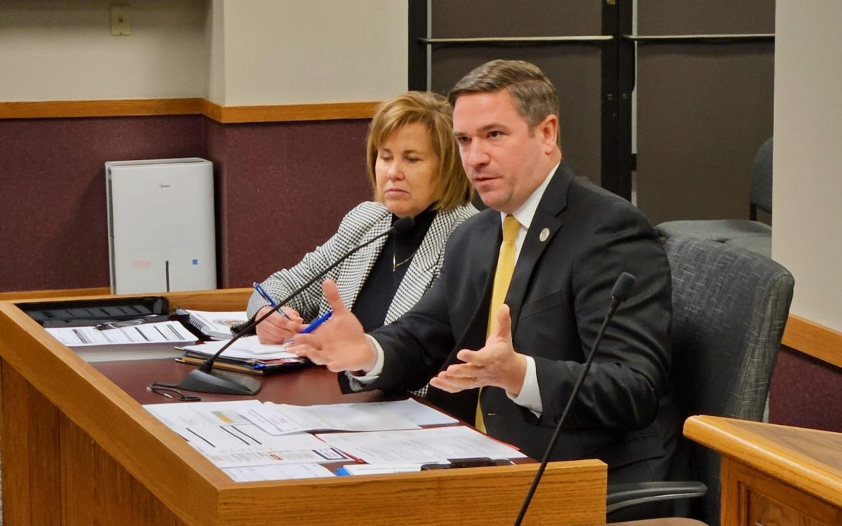 Attorney General Andrew Bailey, right, testifies to the House Budget Committee on Feb. 6, where he predicted his office would complete work on 2023 records requests by May Photo by Rudi Keller/Missouri Independent.