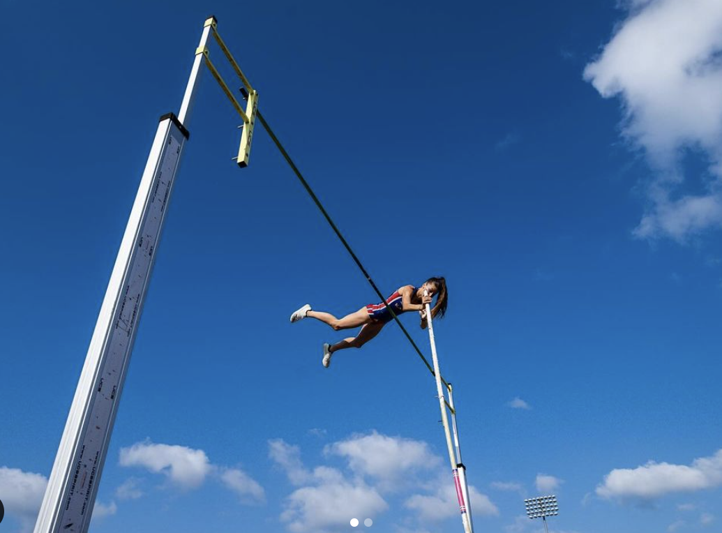 University of Kansas track and field pole vaulter Mason Meinershagen clears 4.30 meters and places fifth during an NCAA meet in May. Photo courtesy of Meinershagens Instagram page, @masonmeinershagen.