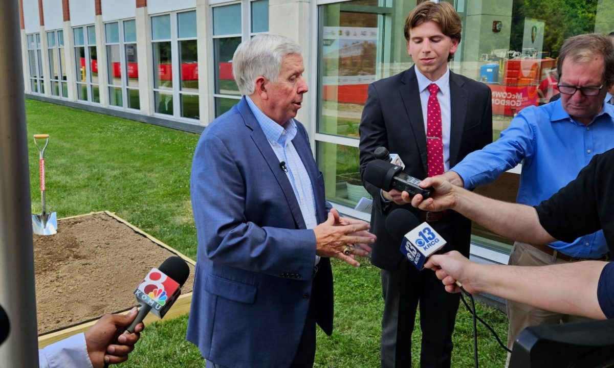 Gov. Mike Parson discusses his plans for the coming fiscal year’s budget Thursday following groundbreaking for a new multiagency state laboratory in Jefferson City. Photo by Rudi Keller/Missouri Independent. 

