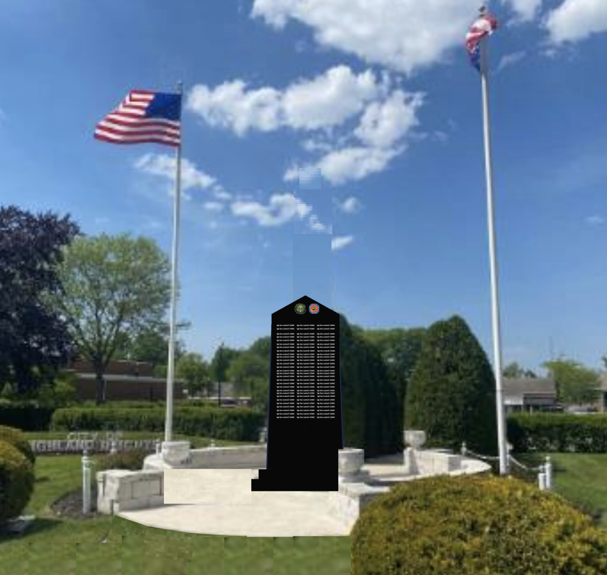 One of the renderings of the proposed veterans memorial, which would sit at the corner of West Watson Road and Lindbergh Boulevard. Other renderings feature benches as opposed to a sitting wall.
Image courtesy of the developer/Sunset Hills.