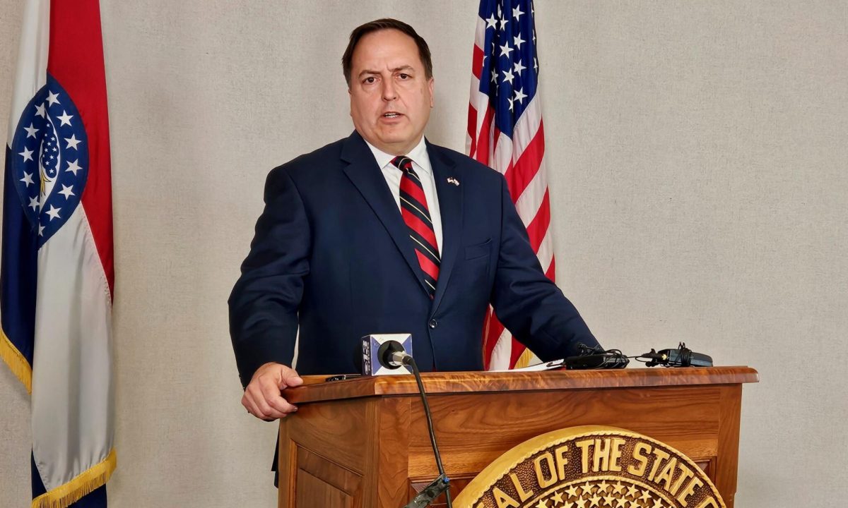 Secretary of State Jay Ashcroft announcing a lawsuit Aug. 1 against President Joe Biden’s 2021 executive order for federal agencies to promote voting. Photo by Rudi Keller/Missouri Independent.