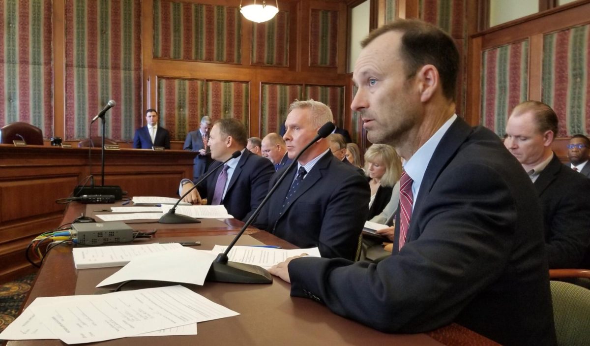 l DeWitt III, president of the St. Louis Cardinals, foreground, testifies in favor of sports wagering alongside Todd George, executive vice president of Penn National Gaming, center, and Jeremy Kudon, president of the Sports Betting Alliance, during a legislative hearing in February 2024. Photo by Rudi Keller/Missouri Independent.