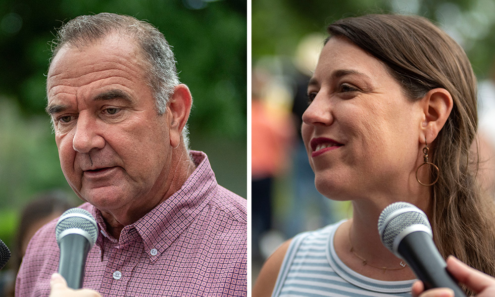 Both nominees in the Missouri governor's race spoke to reporters separately following the governor's ham breakfast at the Missouri State Fair in Sedalia on Aug. 15, giving hints at what a debate may look like between the two. Photo by Annelise Hanshaw/Missouri Independent.