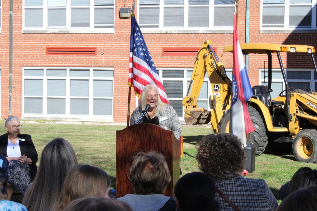 Amy Bush, NDHS head of academics, addresses the crowd at Notre Dame High School's STREAM facilities and campus enhancements groundbreaking ceremony on Nov. 12.