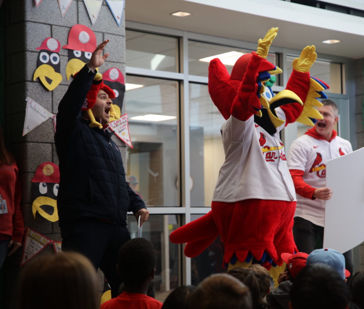 Fredbird gets the students of Bierbaum Elementary School excited for the bookmobile unveiling.