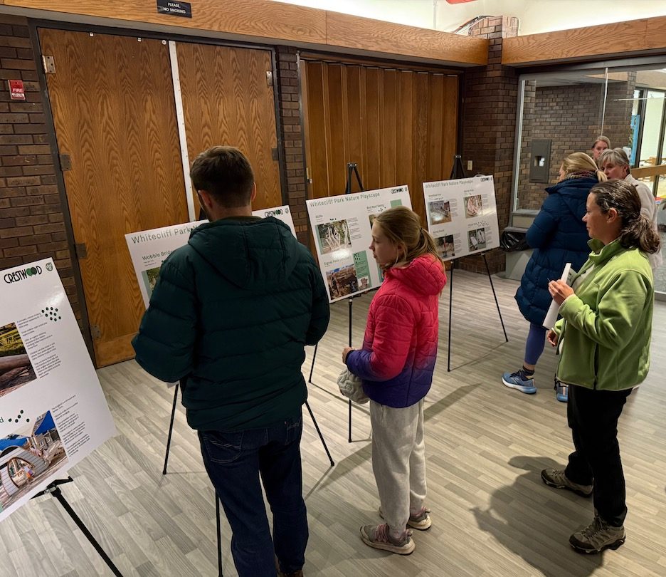 Crestwood residents examine the various nature playscape designs displayed at the open house event on Dec. 3. Photo courtesy of Crestwood Mayor Scott Shipley.