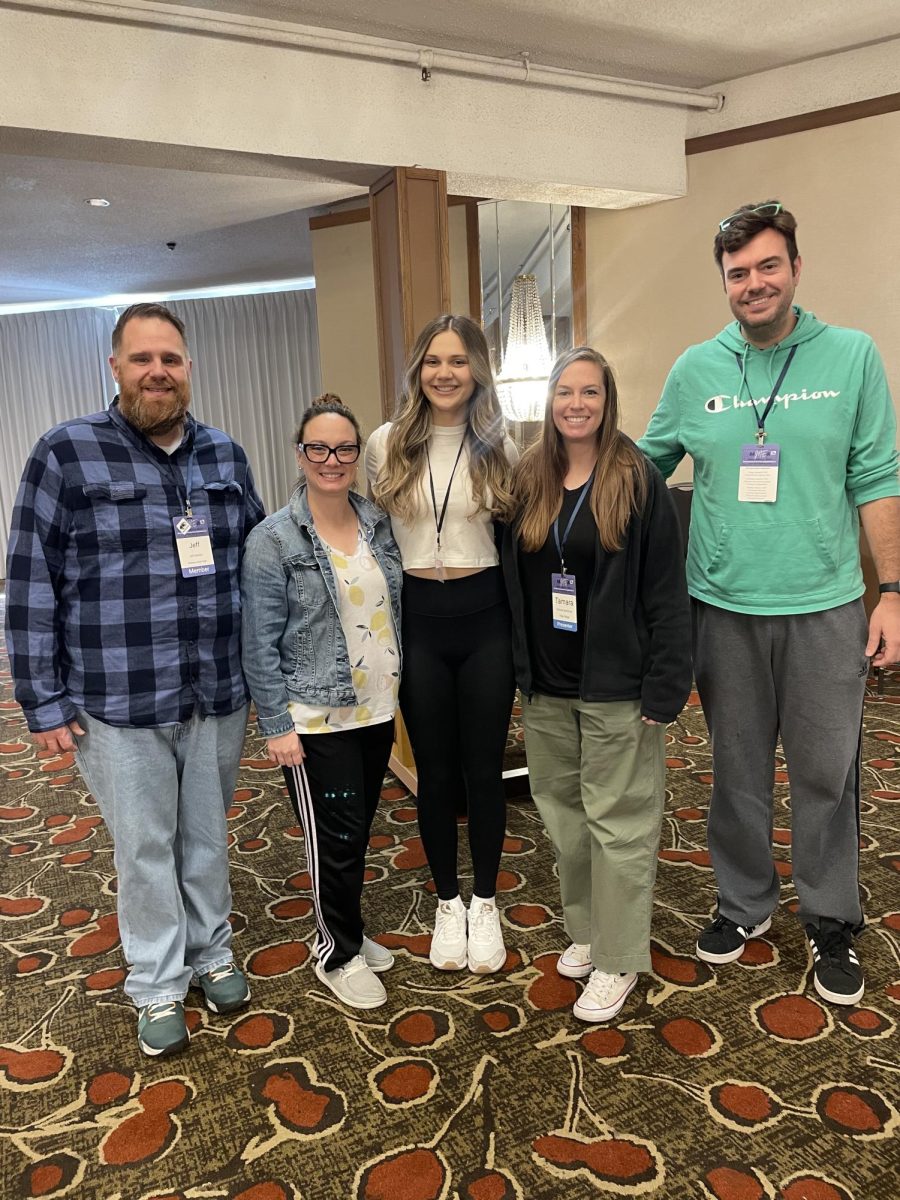 The Bayless Performing Arts team and Selma Jugovic before the 2025 Missouri All-State Choir performance. From left, Band Director Jeff Martini, theatre teacher Katy Glass, Jugovic, Vocal Music Director Tamara Simmons and Band Director Stephen Elford. Photo courtesy of Tamara Simmons, Bayless School District’s vocal music director.