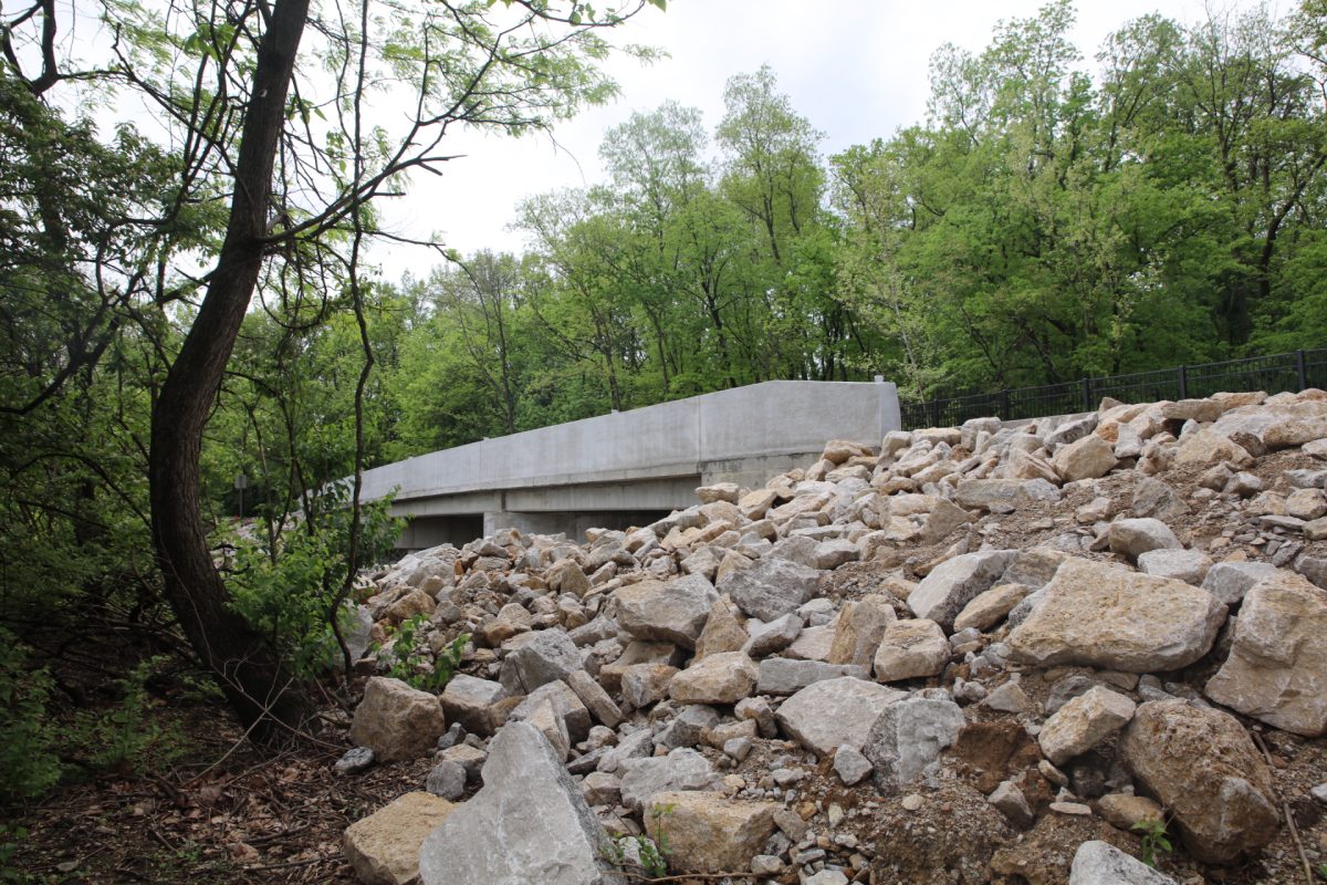 The bridge at Whitecliff Park allows cars and pedestrains to cross Gravois Creek.