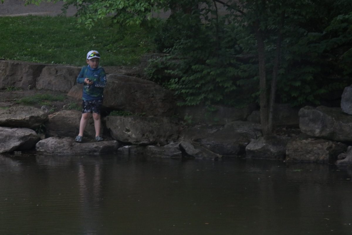 A young fishing derby attendee stands on the rocks and begins to pull out his catch.