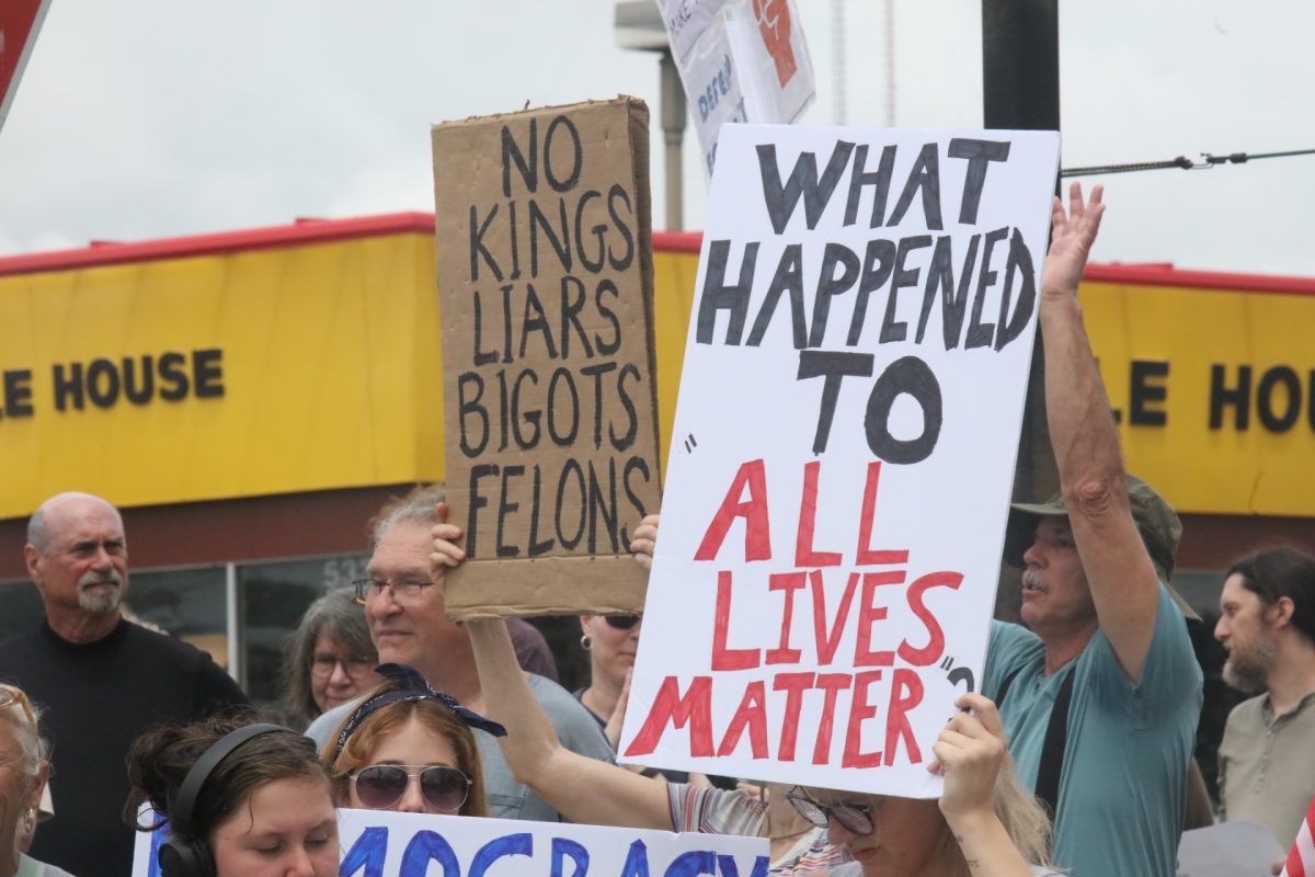 Protestors hold up homemade signs in front of Waffle House, 5330 S. Lindbergh Blvd.