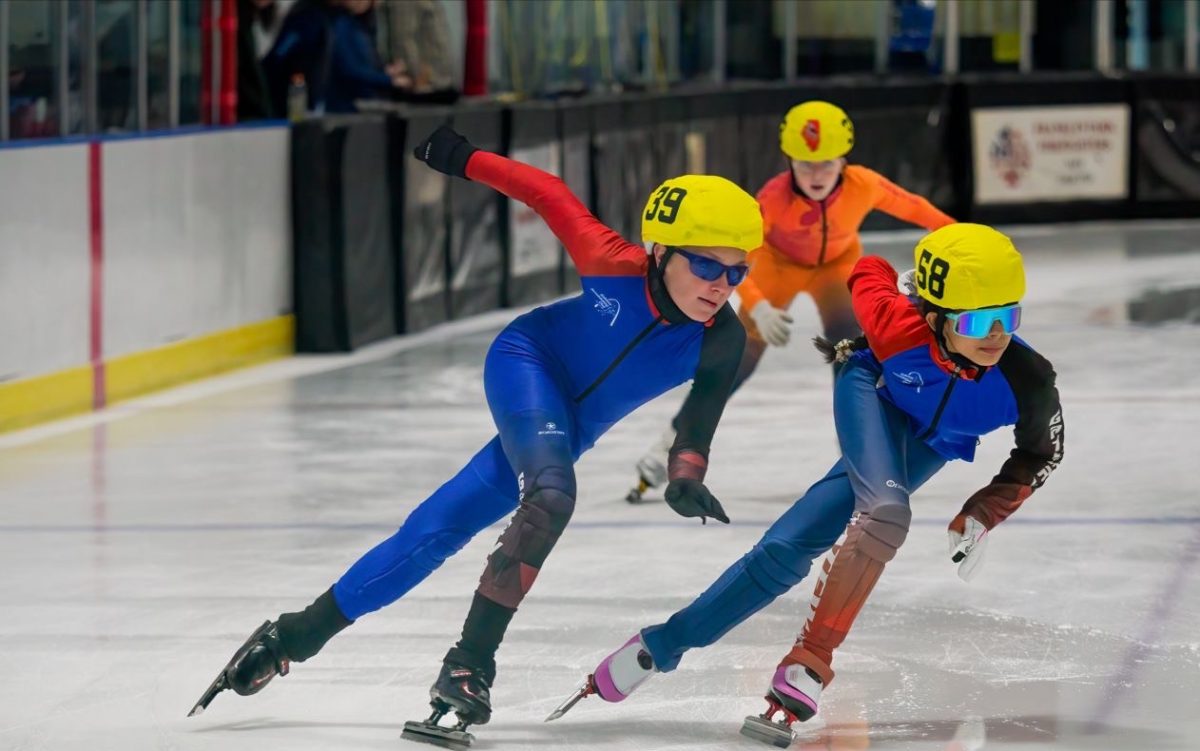 Carter Hausman and Isabella Moreno at the 2025 US Age Group National Championships Short Track event in New Jersey. Photo provided by Lindbergh Schools.