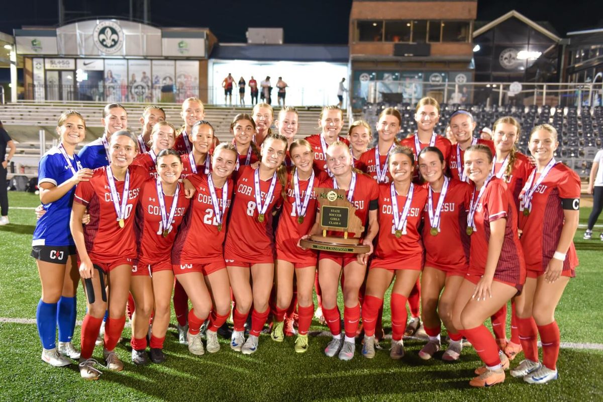 Cor Jesu Academy soccer after winning the 2025 Class 4 Missouri girls state championship game. Photo courtesy of Cor Jesu Academy.