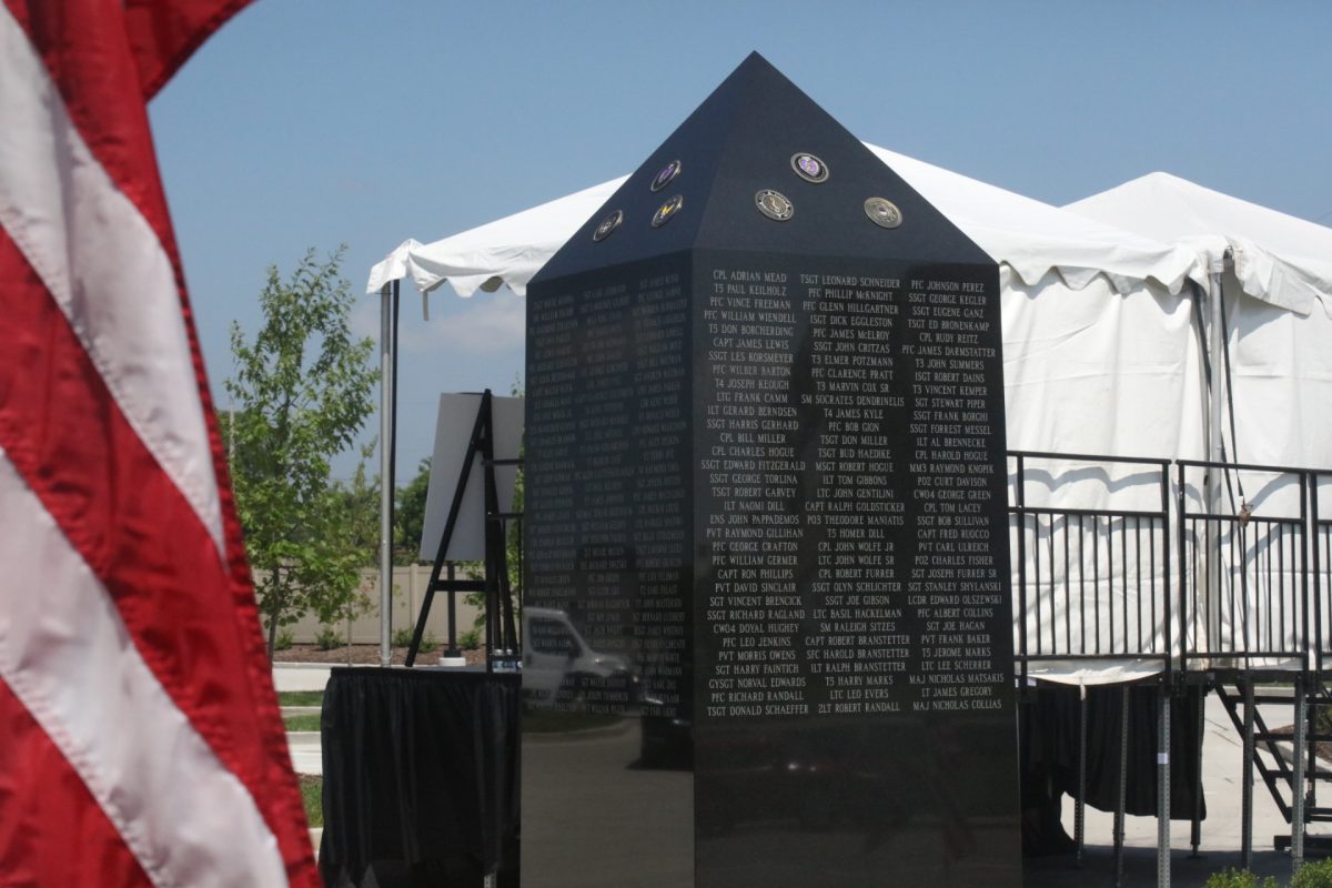 With American flags lining its perimeter, the new WWII memorial stands outside First Community Credit Union, 3887 S. Lindbergh Blvd. in Sunset Hills.
