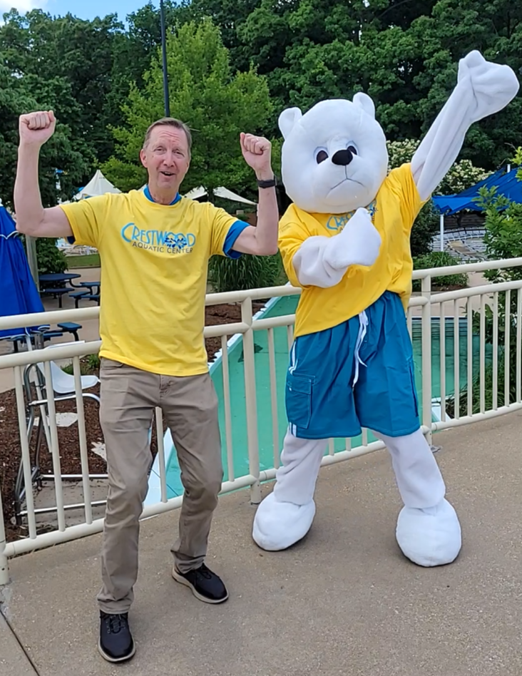 Mayor Scott Shipley and Cliff pose together at the Crestwood Aquatic Center. Photo provided by the City of Crestwood.