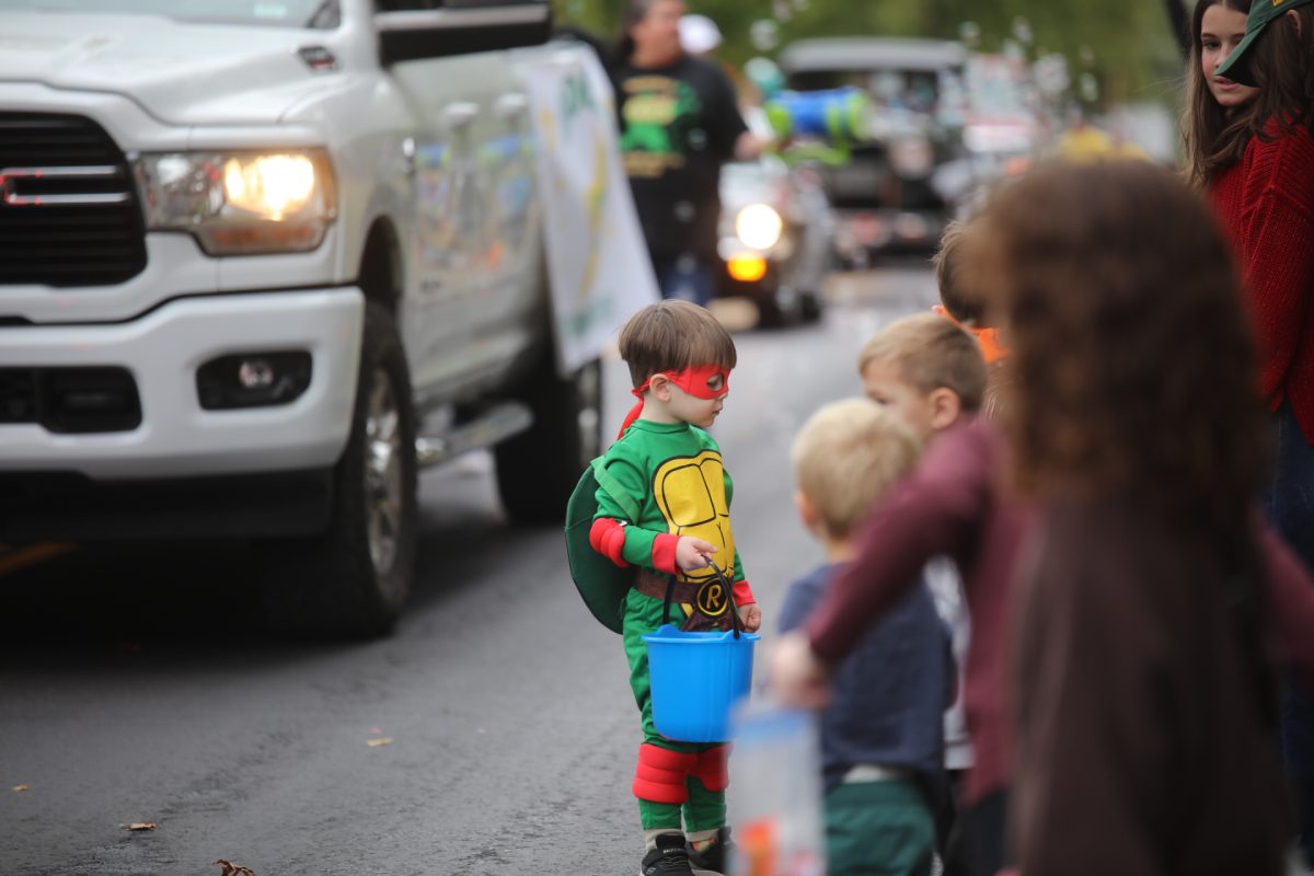 A young boy dressed in a Teenage Mutant Ninja Turtles costume looks for candy at the SunCrest Fest parade.