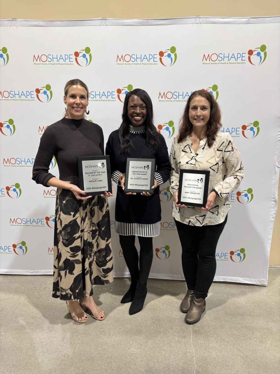 Three Lindbergh educators won three awards at MOSHAPE's State Convention held Nov. 14-16. (From L-R) Long Elementary School physical education teacher Natalie Luna (St. Louis District Physical Education Teacher of the Year), Sappington Elementary School principal Ta’Keshia Parker (Administrator of the Year) and  Sappington Elementary School physical education teacher Mary Driemeyer (Presidential Award). Photo courtesy of Lindbergh Schools.