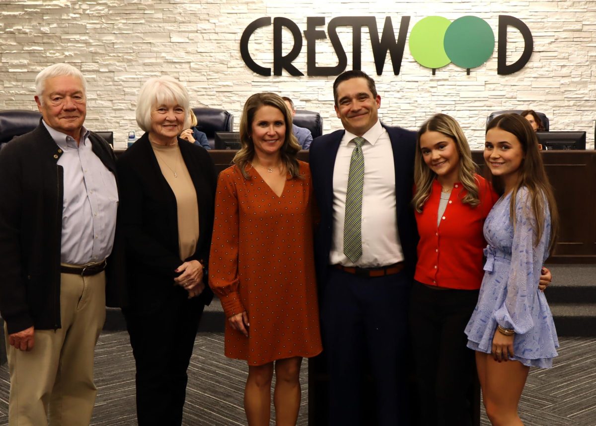 Ryan Harrell (middle), with his parents, his wife and his two daughters at the Crestwood Board of Aldermen's Nov. 25 meeting. Photo by AJ McNaughton, Crestwood's communications manager.