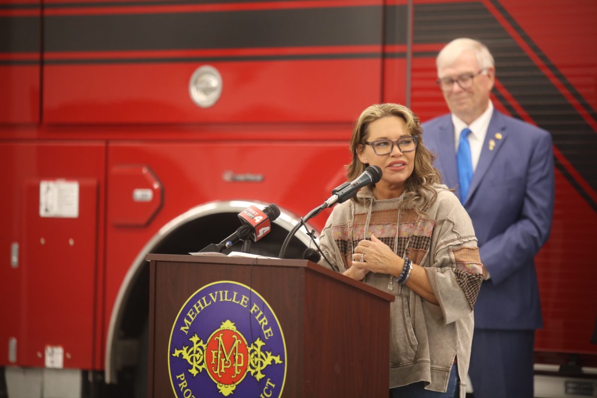 Monica Kelsey, the founder and CEO of Safe Haven Baby Boxes, speaks at the unveiling of the new baby box at Mehlville Fire House 5 on Nov. 24.
