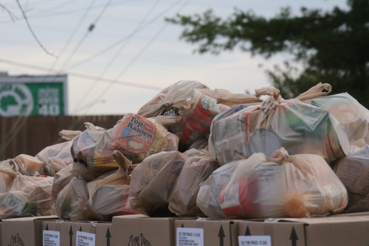 Pre-sorted bags of food wait to be distributed to those in need.