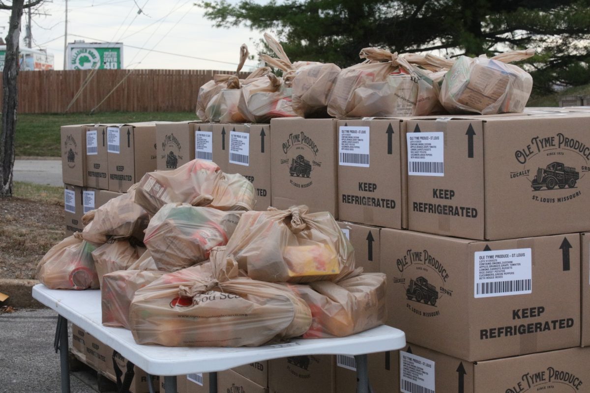 Milk, eggs and produce, along with other items like frozen pizzas and bags of dry goods filled with ramen, cereal, oats and more, wait to be loaded into cars.