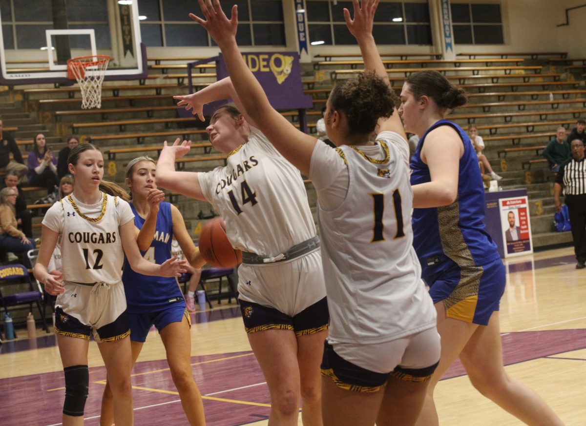 Affton freshman Katie Balinski twists in attempt to grab the ball before Seckman's Violet Hart can.