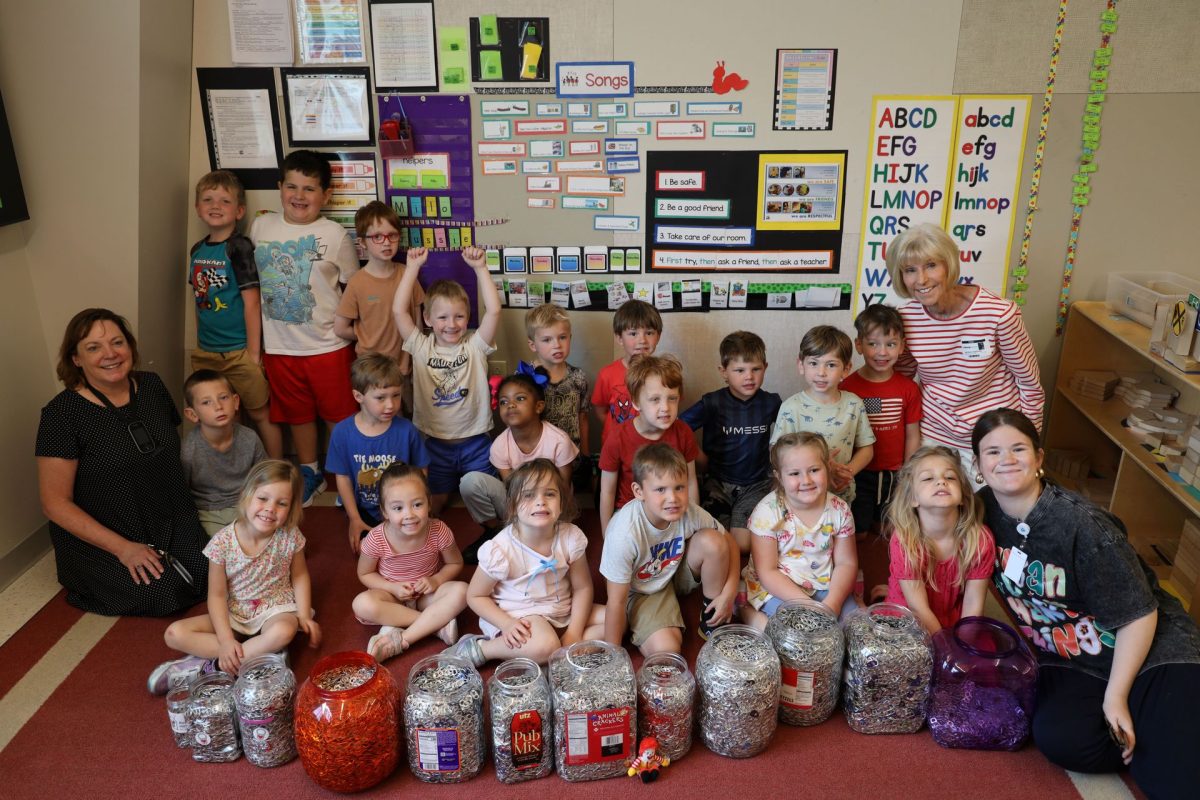 Ronald McDonald House Charities ambassador Michelle Heastrup, pictured on the right, stopped by ECE West on May 14 to personally thank the Caterpillar Room for their donation.  Photo courtesy of Lindbergh Schools.