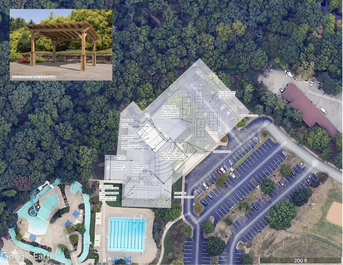 The current plan for the Family Games Complex in Whitecliff Park, along with an image of what the pavilions may look like. Photo courtesy of the City of Crestwood and Bond Architects.