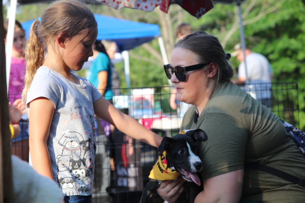 A young “Pet Palooza” attendee meets an adoptable puppy from Gateway Pet Guardians.