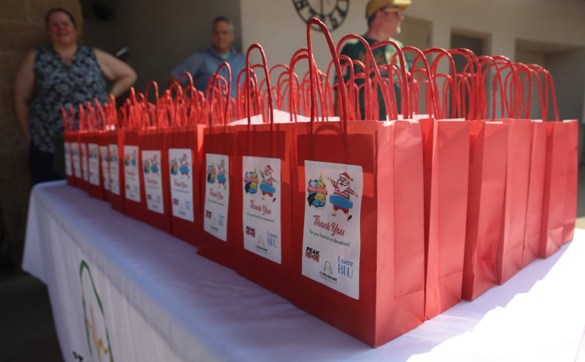 Dozens of goodie bags lined up for the attendees who donated food items to take.