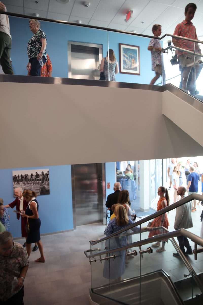 Attendees of the Aug. 9 open house walk through Notre Dame High School’s new building. 

