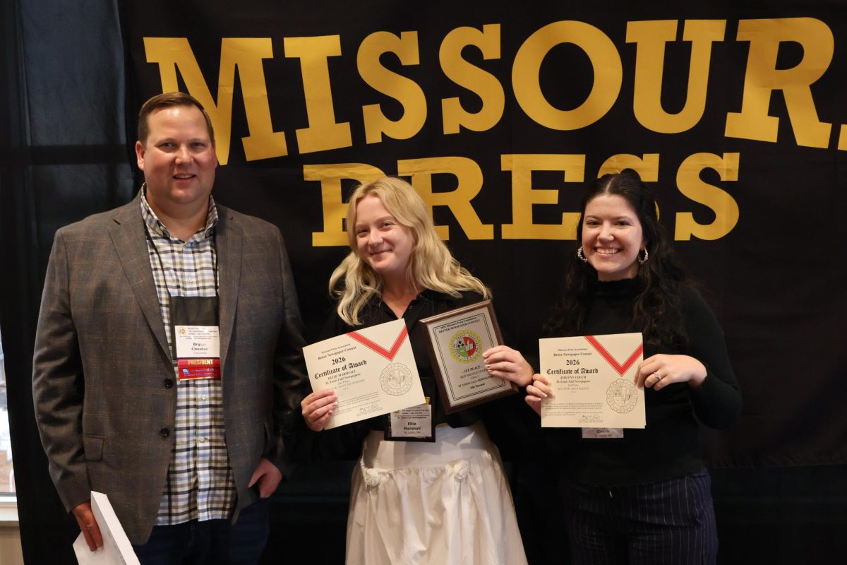 St. Louis Call Newspapers staff members Ellie Marshall (middle) and Ashlynn Couch (right) pose for a photo with MPA president Bryan Chester (left) at the Missouri Press Association's 160th Annual Convention held in Columbia, Missouri, on Sept. 26. Photo courtesy of MPA.